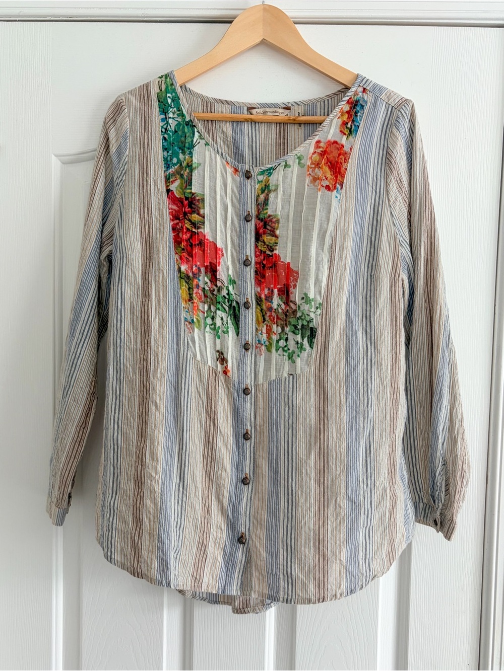 Soft Surroundings Crinkle Cotton Floral Striped Button Front Tunic Top M - Picture 8 of 12